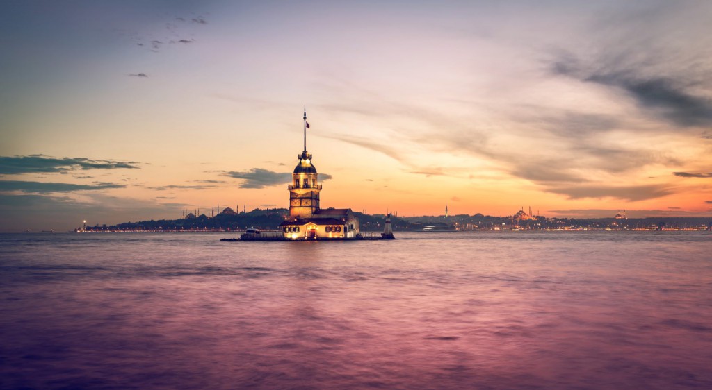 Panorama view of Maiden's tower from shore, Istanbul, Turkey