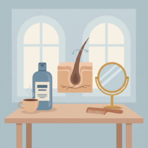 A bottle of caffeine shampoo beside a comb and loose hairs