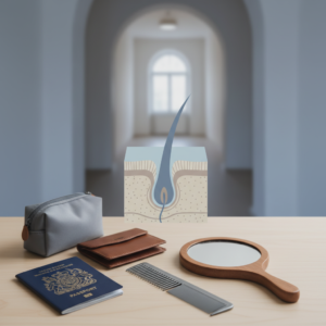 A UK passport and a small travel bag on a table beside a clinic appointment letter