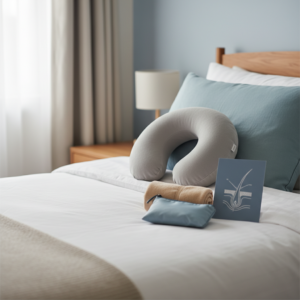 A neatly made bed with pillows arranged for back-sleeping